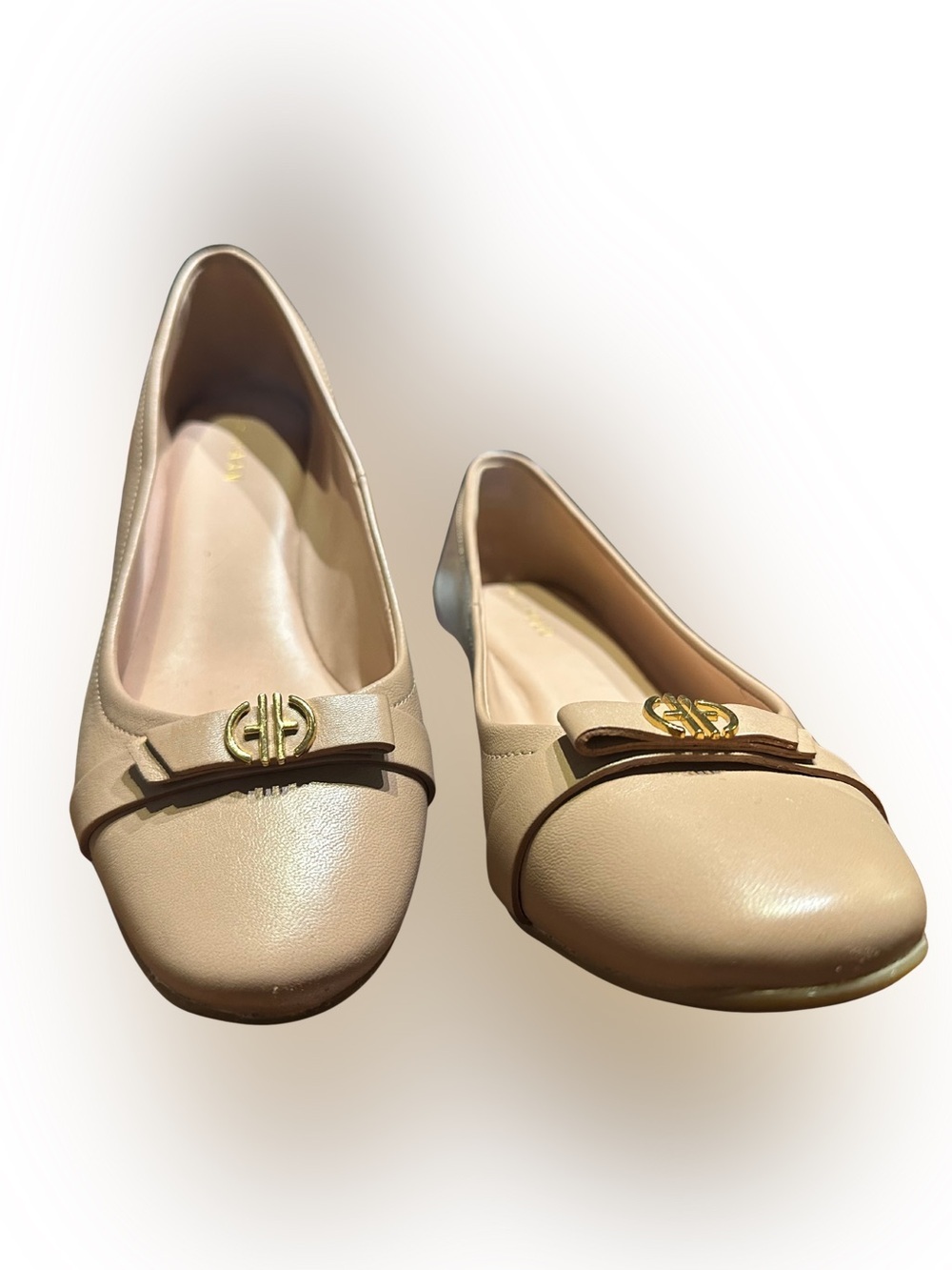 Cole Haan Malta Wedge Pump Nude Blush Leather Gold Logo Size 8B